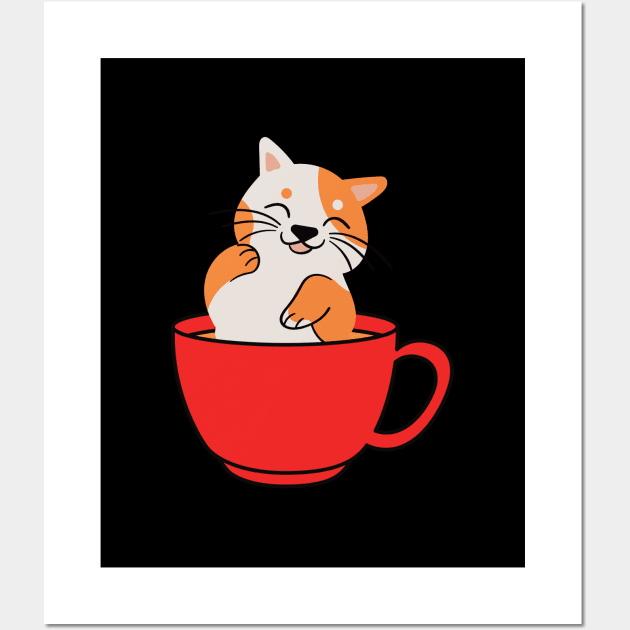 Cute cat in a red coffee cup Wall Art by Binging merch